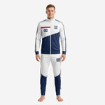 Men's custom white and navy blue colorblock soccer tracksuit with full-zip jacket and tapered pants, front view