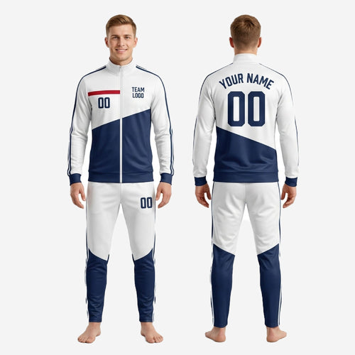 Full custom white and navy blue men's soccer tracksuit set showing jacket and matching pants, complete outfit view