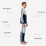 Custom white soccer tracksuit pants with navy blue lower leg panel and white triple-stripe side detail