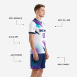 Navy blue custom soccer shorts with teal-to-purple dot-burst sublimation fade, part of white soccer uniform set