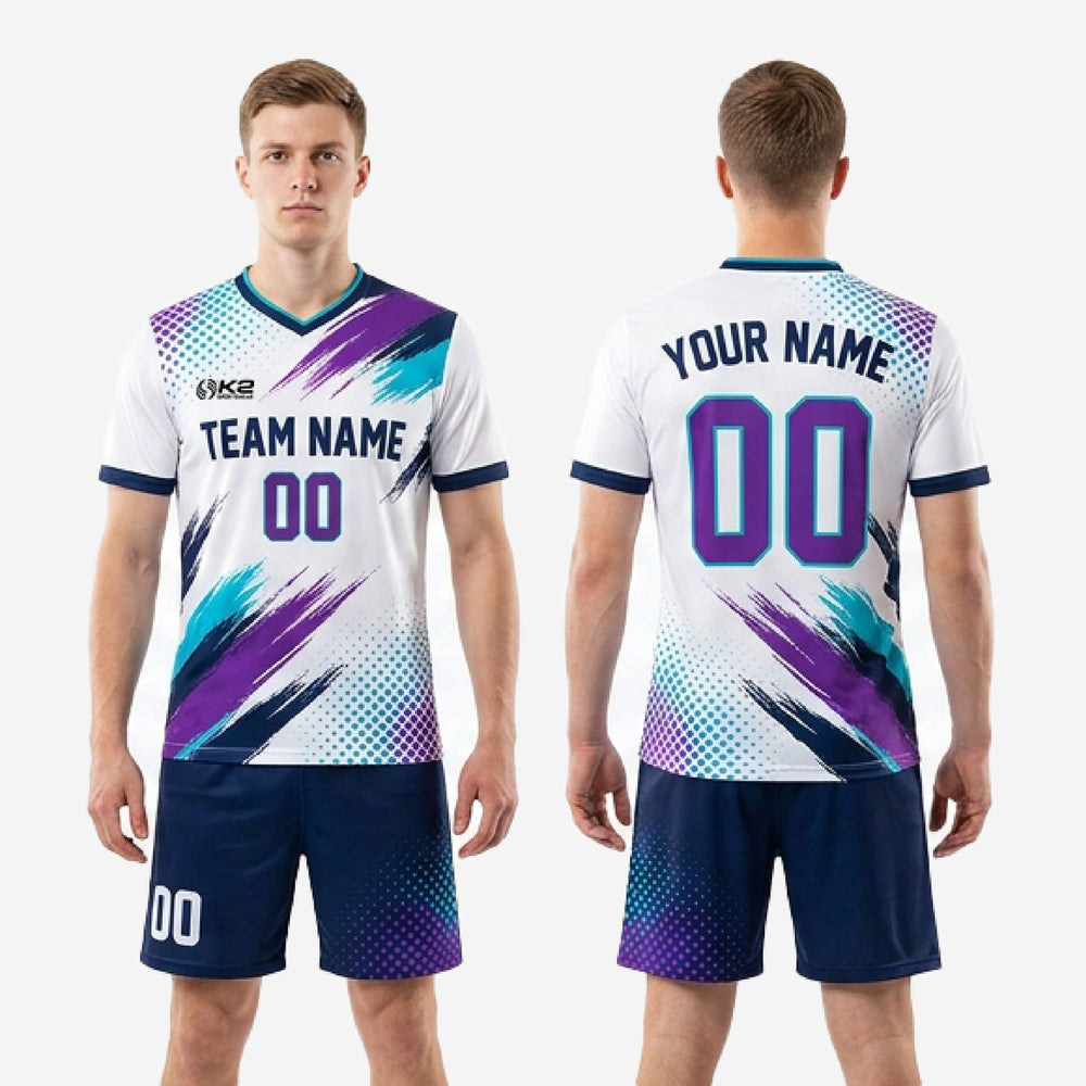 Custom White Soccer Uniforms - Purple, Youth and Adult Sizes