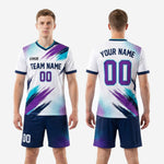 Custom white soccer uniforms full kit back view showing player name and number print placement on purple brush-stroke jersey