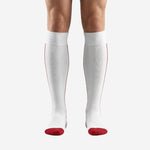 Custom white and red soccer socks front view showing Dark Red side stripes and ribbed cuff