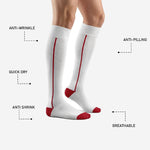 Custom white and red soccer socks heel and toe detail with solid Dark Red reinforced construction