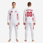 Close-up of red brush-stroke sublimation panel on custom white soccer tracksuit jacket and pants set