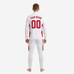 White custom soccer track jacket with red brush-stroke panel and chest number and team logo print zones
