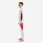Custom white soccer tracksuit right side view showing stand collar, full zip, and tapered zipped ankle pants