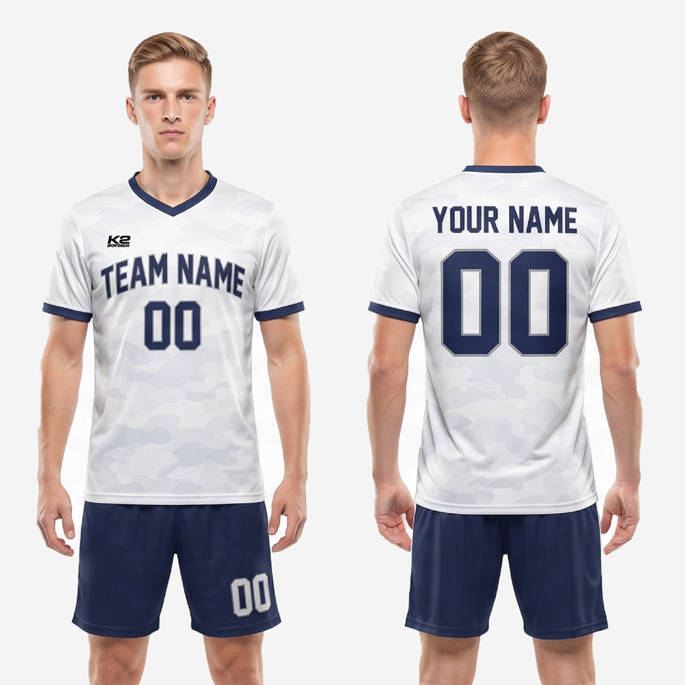 Custom White Soccer Uniforms - Full Squad Navy Kit