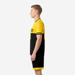 Custom yellow soccer uniform right side view showing crew neck trim and double black sleeve cuff stripes on yellow jersey