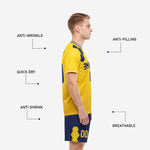Custom yellow and navy adult soccer uniform back view showing player name and number print placement