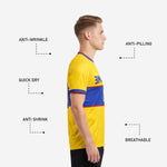 Close-up of crew neckline on custom yellow soccer jersey with Royal Blue and Crimson stripe trim detail