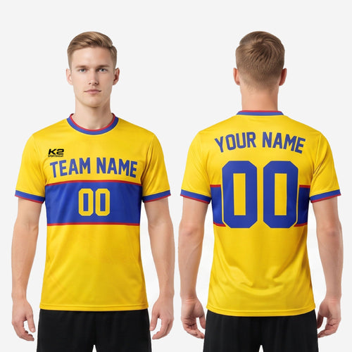Close-up of sleeve cuff on custom yellow soccer jersey showing Royal Blue and Crimson stripe trim detail