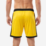 Close-up of wide black elastic waistband with yellow drawcord on custom yellow soccer shorts