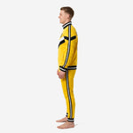 Custom yellow soccer tracksuit right side profile showing chevron panel on jacket and matching stripe detail on pants