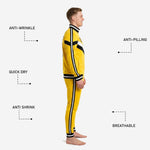 Custom yellow soccer tracksuit pants side stripe detail with black and white ribbed ankle cuffs, athletic cut