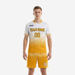 Custom yellow soccer uniform in Athletic Gold and Pure White dot-burst gradient, full kit front view on adult male model