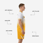 Custom yellow soccer uniform shorts detail showing Athletic Gold base with white dot scatter and white side stripe