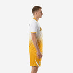 Custom yellow soccer uniform Athletic Gold and White side view showing gradient fade from white chest to gold hem