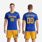 Custom yellow soccer uniform full kit back view showing Royal Blue jersey with Athletic Gold panels and matching gold shorts