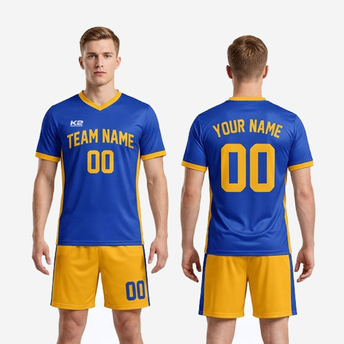 Custom yellow soccer uniform full kit back view showing Royal Blue jersey with Athletic Gold panels and matching gold shorts