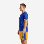 Custom yellow soccer uniform side view right showing V-neck collar trim, sleeve cuffs, and Athletic Gold shorts with Royal Blue side stripe