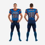 Custom youth American football uniforms size and specification sheet showing youth through adult sizing for blue and orange full roster sets