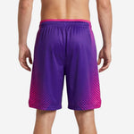 Back view of purple and pink basketball shorts with number placement and diagonal stripe side panels