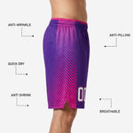 Waistband detail of custom basketball shorts showing wide elastic band with hot pink ribbed binding trim and internal drawcord