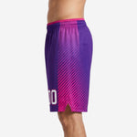 Opposite side view of custom printed basketball shorts in purple and pink showing diagonal stripe panel and elastic waistband with pink trim