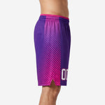 Side view of custom youth basketball shorts showing full-length hot pink diagonal stripe panel fading into purple body with side split at hem