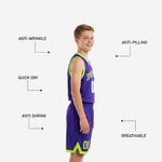 Back view of custom purple youth basketball uniforms for teams showing back number placement and neon lime armhole binding on fully sublimated jersey