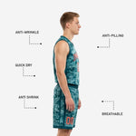 Close detail of teal digital camo sublimated basketball uniform showing coral orange number print texture and dark teal binding at neckline and armholes