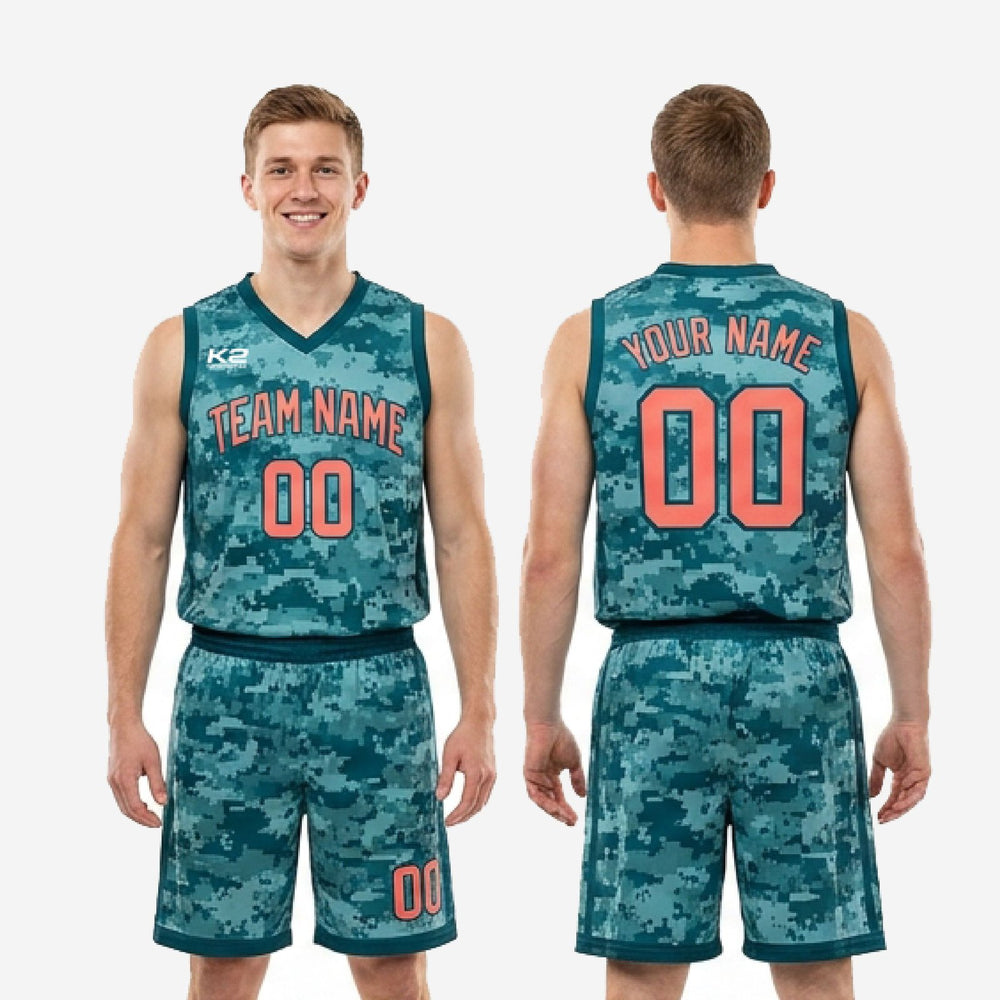 V-Neck Custom Youth Basketball Uniforms - Teal Coral