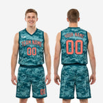 Size and specification chart for teal custom youth basketball uniforms showing youth and adult size run measurements for jersey and shorts