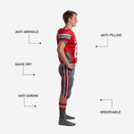 Back view of custom red and gray youth football uniform showing player nameplate zone and back number on fully sublimated jersey with gray side panels