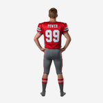 Opposite side view of red and gray youth American football uniform showing sublimated jersey sleeve bands and matching gray football pants leg stripe