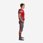 Side view of custom youth club football uniforms showing red jersey with gray shoulder and side panels and gray pants with red-white-red outer leg stripe