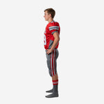 Youth football uniform size and specification sheet for custom red and gray club football uniform sets in full youth sizing