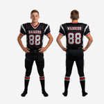 Size and spec reference for custom youth football uniform sets in black, red, and silver - youth sizes available across the full roster
