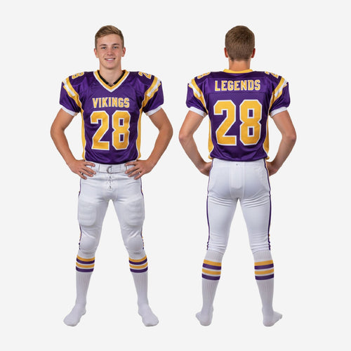 Size and specification sheet for custom youth football uniform sets in purple and gold showing available youth sizing across the full roster