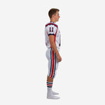 Front view of white custom youth football uniform set showing V-neck collar with navy trim, red shoulder inserts, team name and number 11 on chest in navy