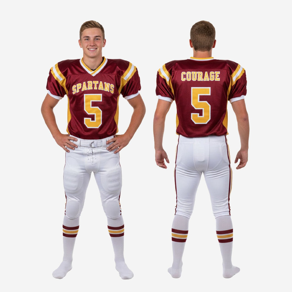 Maroon Youth Football Uniforms - Custom Gold Sets for Full Rosters