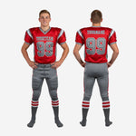 Size and specification sheet for custom red youth football uniforms available in youth sizes for full roster ordering