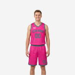 Pink reverse side of custom youth reversible basketball uniforms with grey trim at V-neck armholes and shorts hem, full topographic line pattern