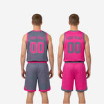 Size and specification sheet for custom youth reversible basketball uniforms in grey and pink sublimated set