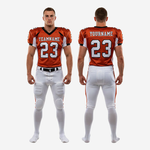 Size and specification sheet for custom orange and white youth tackle football uniforms showing youth through adult size run