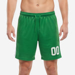 Dark green soccer shorts with white side panel and custom player number 00 on left leg, front view on male model