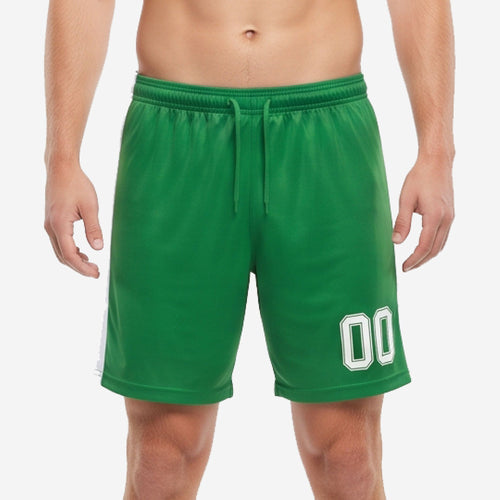 Dark green soccer shorts with white side panel and custom player number 00 on left leg, front view on male model