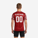 Close-up of white-and-dark-red camo sleeve pattern on custom men's soccer training jersey