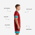 Custom red soccer uniform matching shorts with teal hem gradient and white player number on left leg